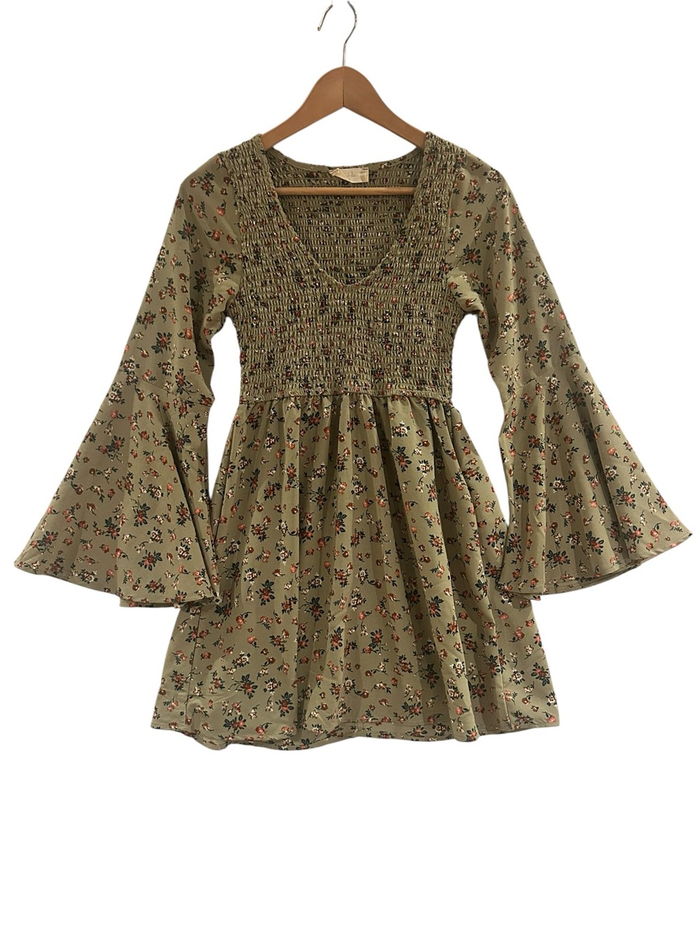 Altar’d State Floral Smocked Mini Dress Sz S Boho Bell Sleeve Corecottage